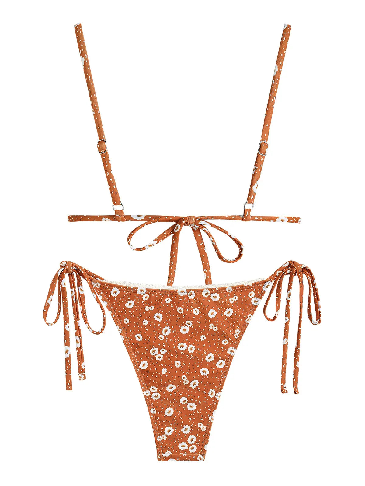 ZAFUL Damen Bikini-Set mit Spitzenbesatz, kleinem Blumendruck, dreieckiger Schnürung an der Seite, verstellbarer Spaghettiträger, String-Tanga