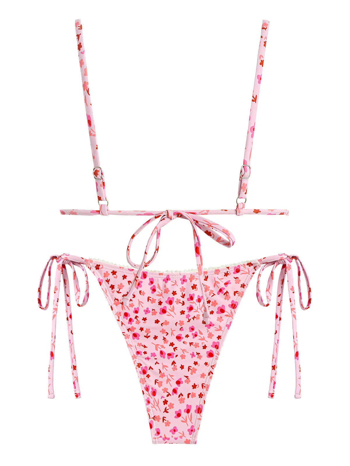 ZAFUL Damen Bikini-Set mit Spitzenbesatz, kleinem Blumendruck, dreieckiger Schnürung an der Seite, verstellbarer Spaghettiträger, String-Tanga