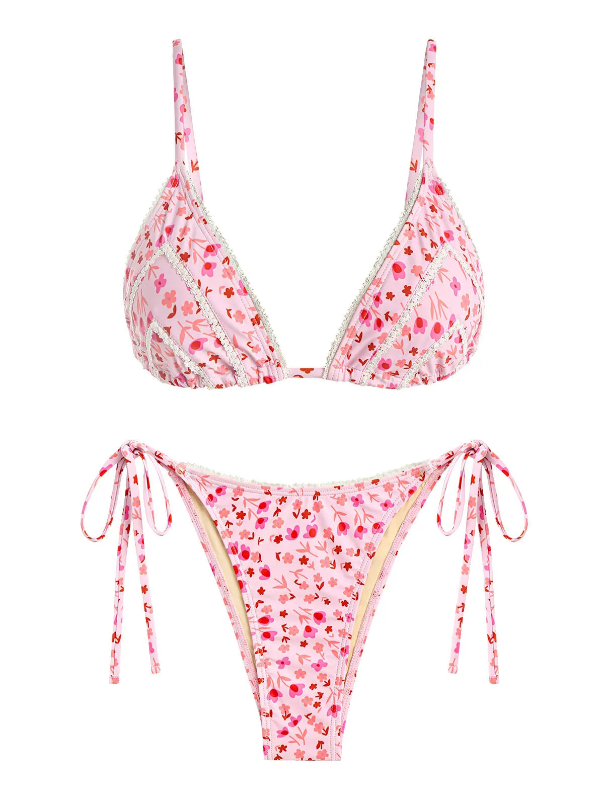 ZAFUL Damen Bikini-Set mit Spitzenbesatz, kleinem Blumendruck, dreieckiger Schnürung an der Seite, verstellbarer Spaghettiträger, String-Tanga