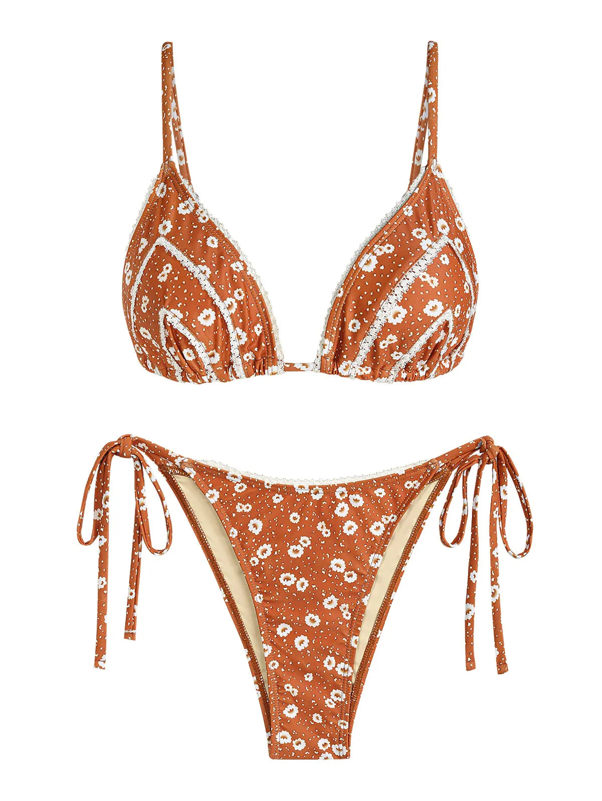 ZAFUL Damen Bikini-Set mit Spitzenbesatz, kleinem Blumendruck, dreieckiger Schnürung an der Seite, verstellbarer Spaghettiträger, String-Tanga