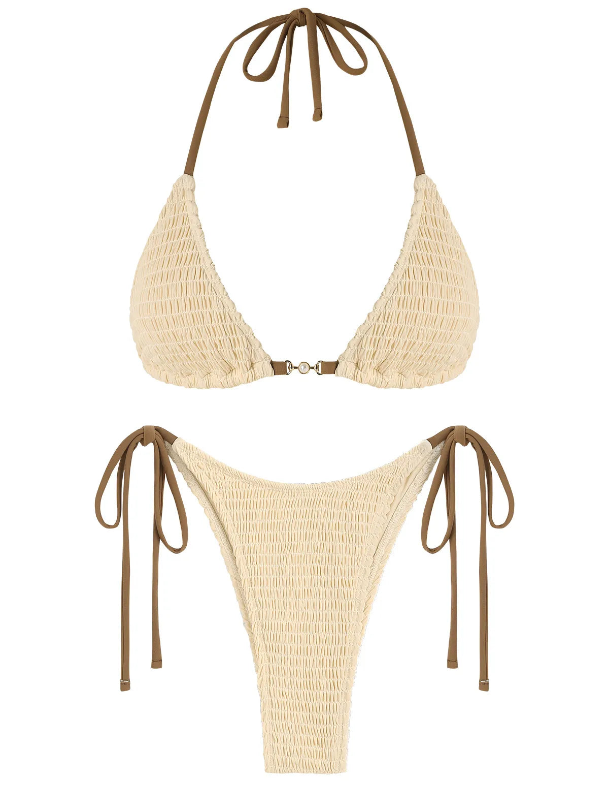 ZAFUL Costume da bagno bikini a triangolo con perline arricciate e lacci laterali in metallo