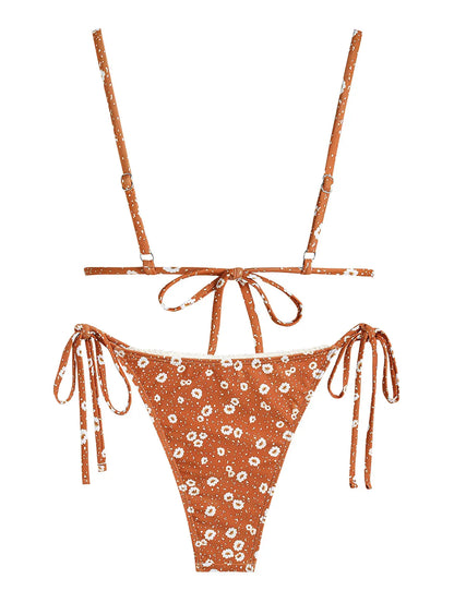 ZAFUL Damen Bikini-Set mit Spitzenbesatz, kleinem Blumendruck, dreieckiger Schnürung an der Seite, verstellbarer Spaghettiträger, String-Tanga
