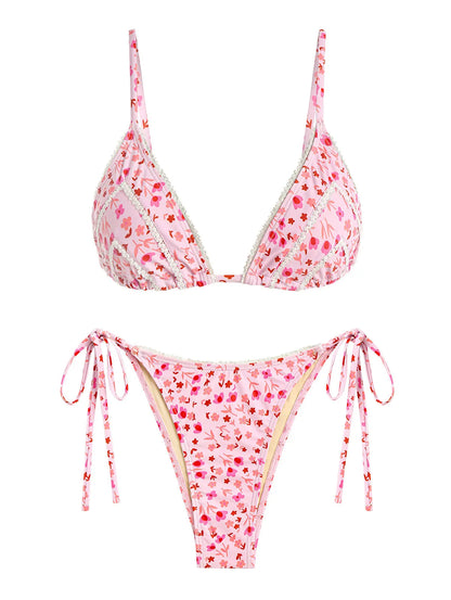 ZAFUL Damen Bikini-Set mit Spitzenbesatz, kleinem Blumendruck, dreieckiger Schnürung an der Seite, verstellbarer Spaghettiträger, String-Tanga